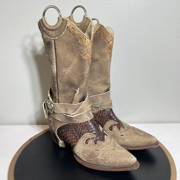 Pecos‎ Bill Boots Women 6.5 Distressed Western Python Inlay Harness Exotic Rodeo - Picture 2 of 16